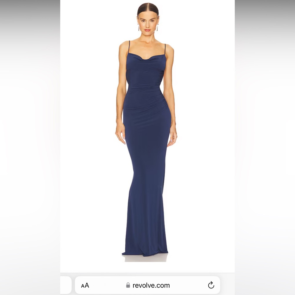 Katie May Midnight Blue Dress, cowl neck and low cowl back with lace detail